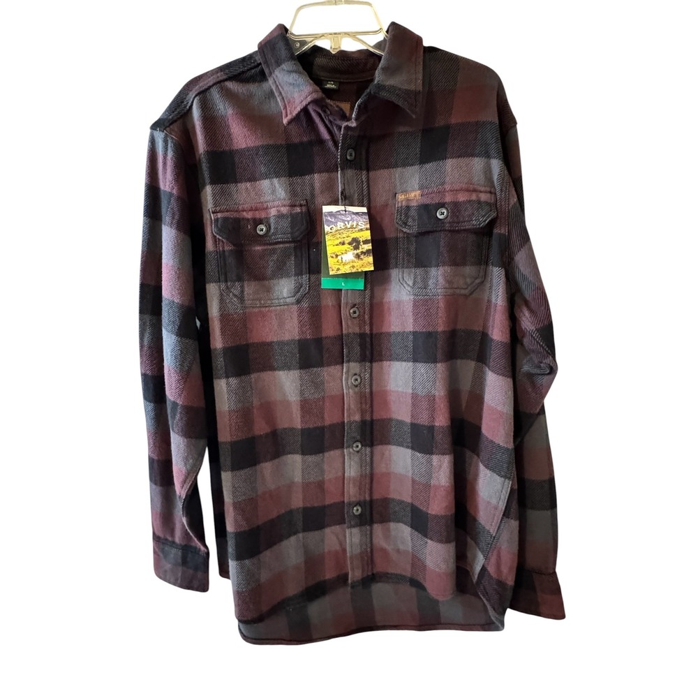 Orvis Mens Buffalo Plaid Flannel Shirt Burgundy Grey Black Cotton Large 1312517
